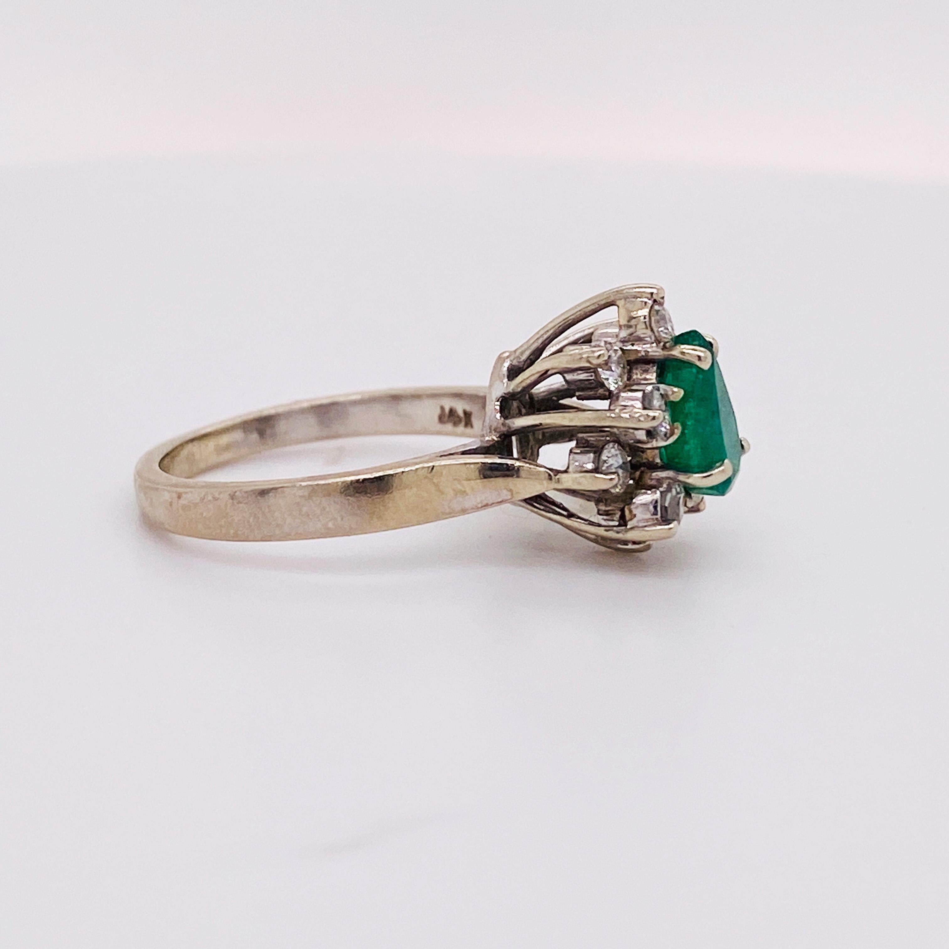 Celebrate a May loved one with this emerald and diamond ring! This could make a perfect graduation or anniversary gift! The pear-shape emerald is the ripe green color of a country club golf course! We have this beauty on sale from the original price