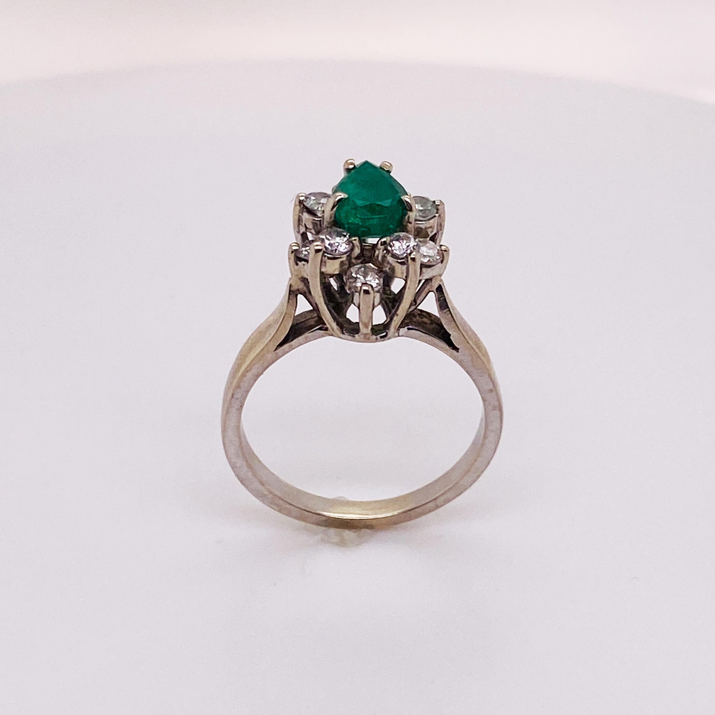 Modern Classic Pear Emerald Halo Ring 1.00 ct with 2-Tier Diamonds 14k White Gold Lv For Sale