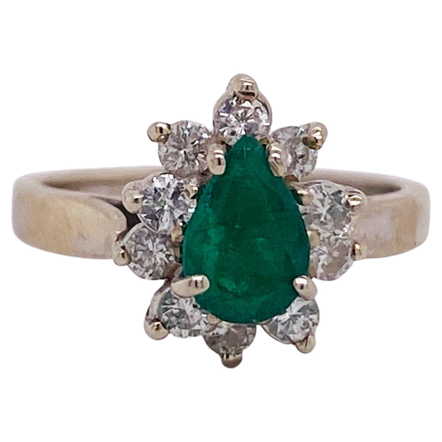 Classic Pear Emerald Halo Ring 1.00 ct with 2-Tier Diamonds 14k White Gold Lv For Sale