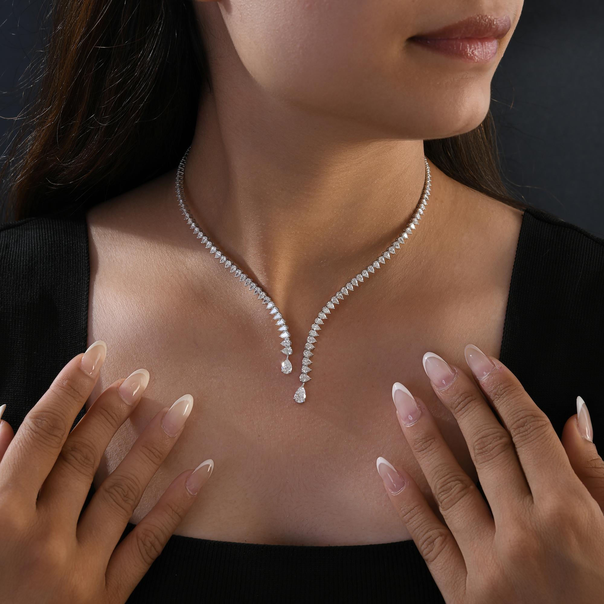 Pear Cut Classic Pear Shape Diamond V-Collar Choker Necklace in 14 Karat White Gold For Sale