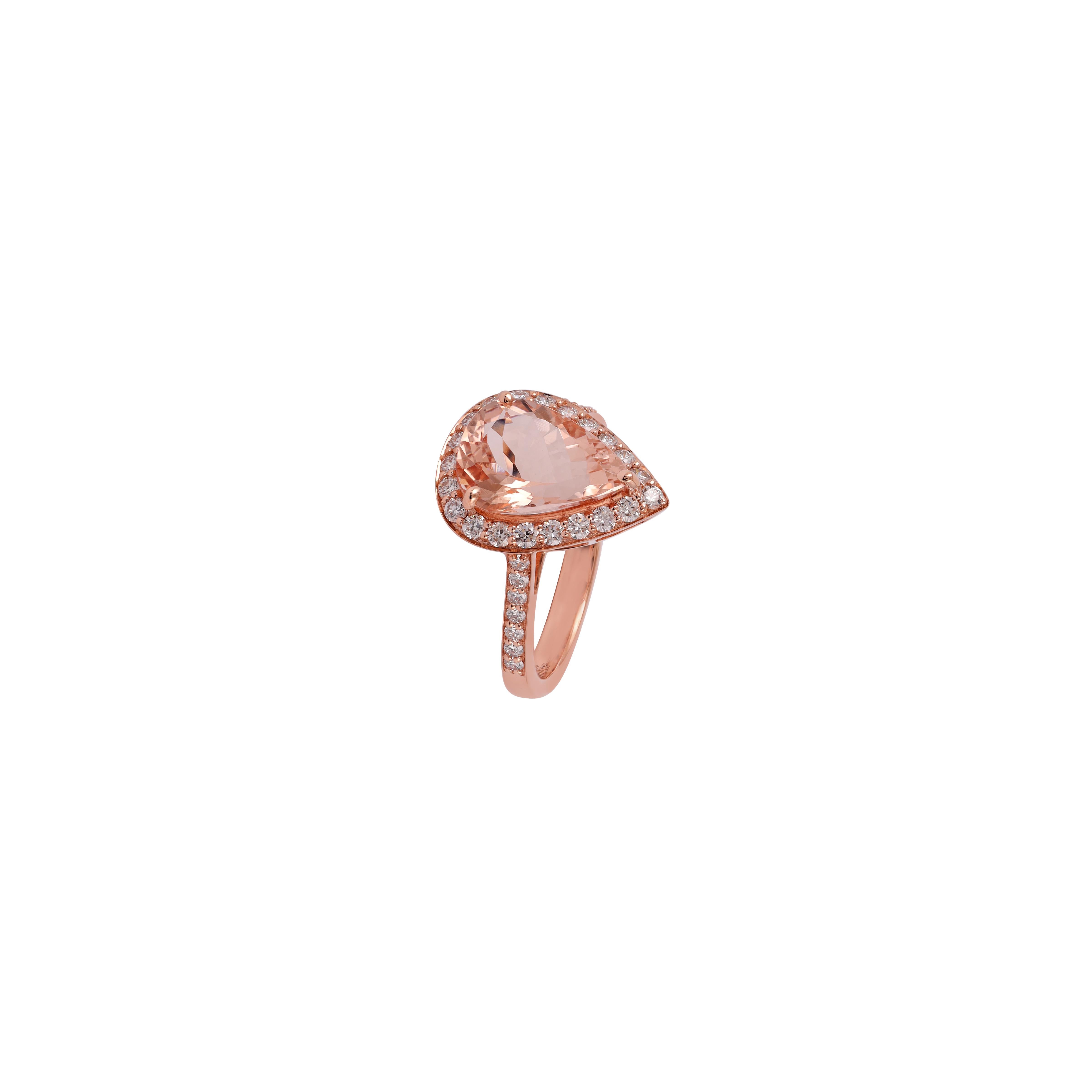 Pear Cut 3.29Carat Classic Pear Shape Morganite with Round-Cut Diamond 18k Rose Gold Ring For Sale
