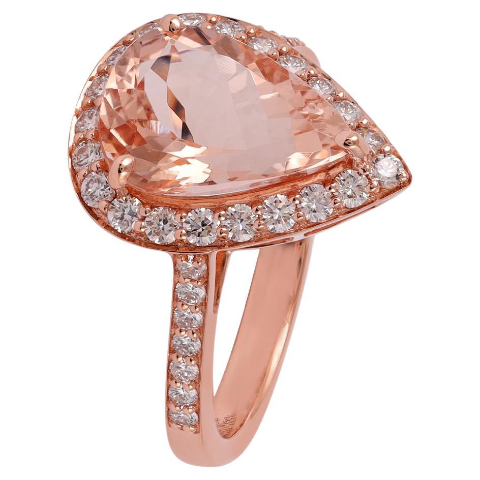 3.29Carat Classic Pear Shape Morganite with Round-Cut Diamond 18k Rose Gold Ring For Sale