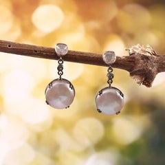 Classic pearl uncut diamond green, emerald oxidized sterling silver earrings