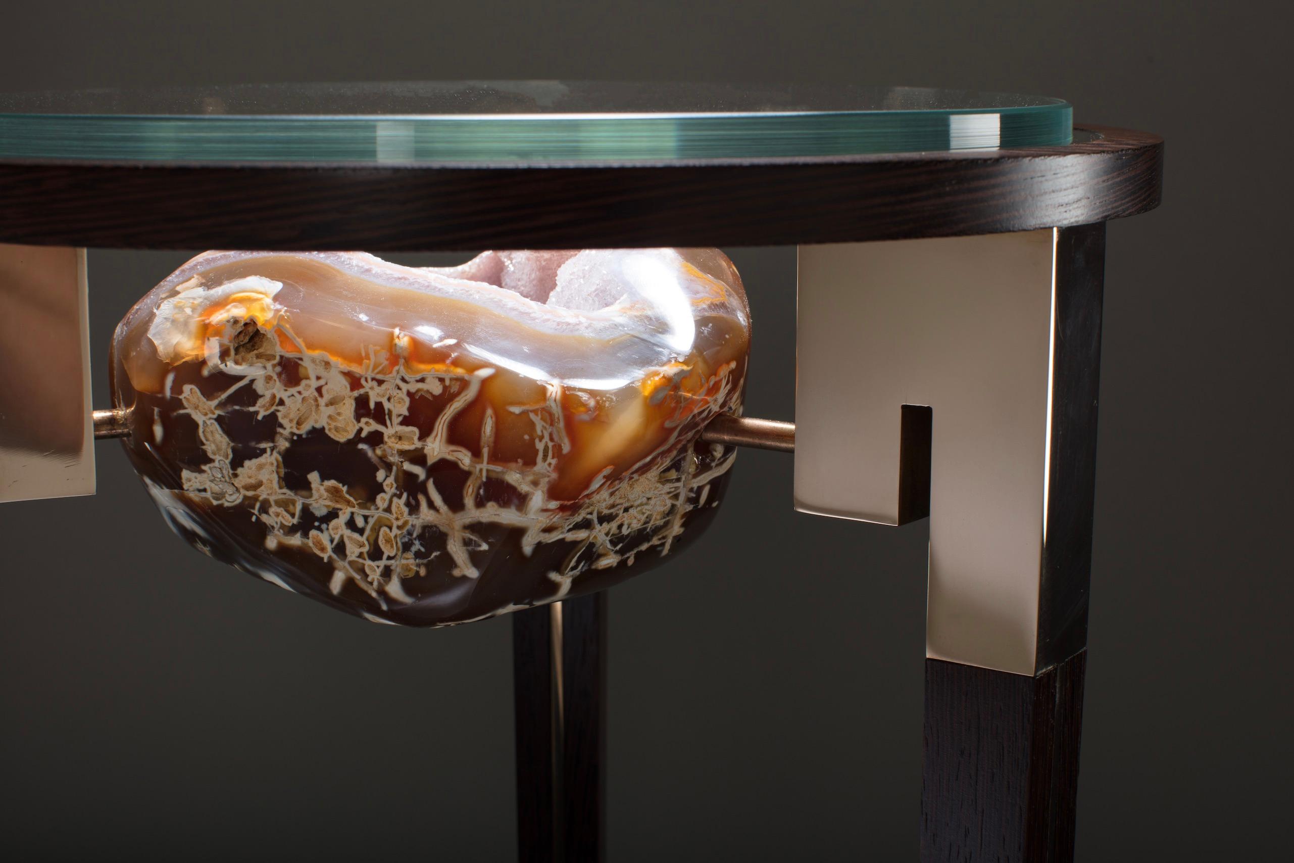 American Polished Bronze End Table with Agate and Glass Top