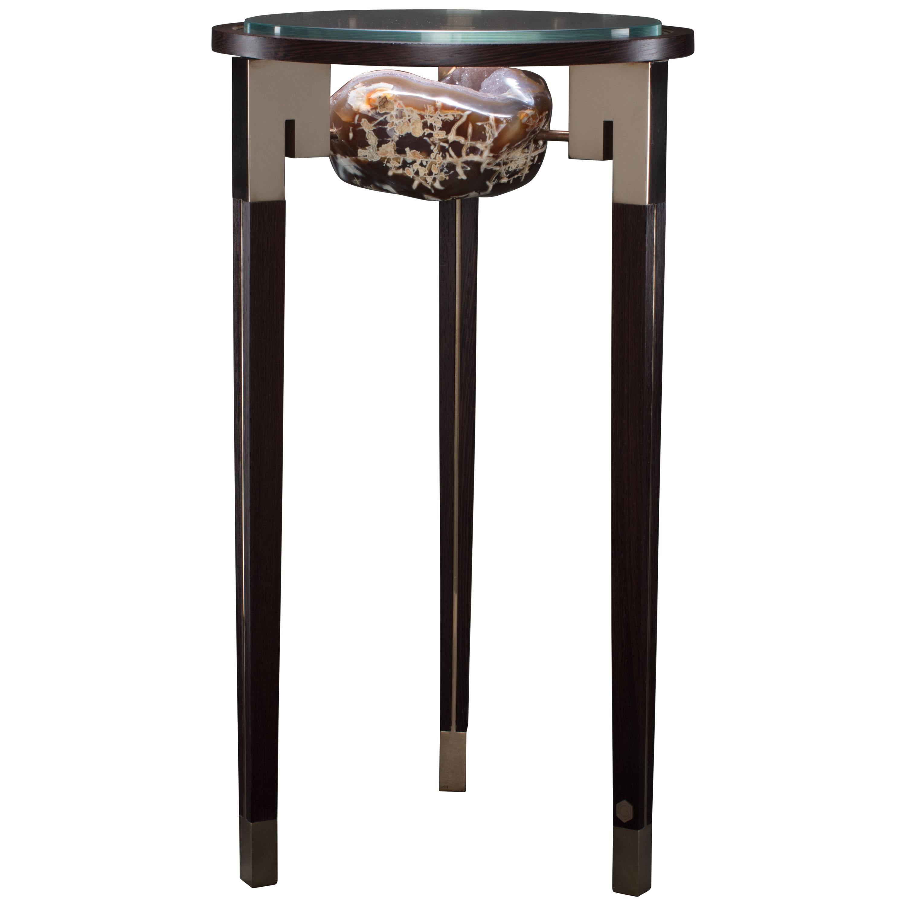 Polished Bronze End Table with Agate and Glass Top