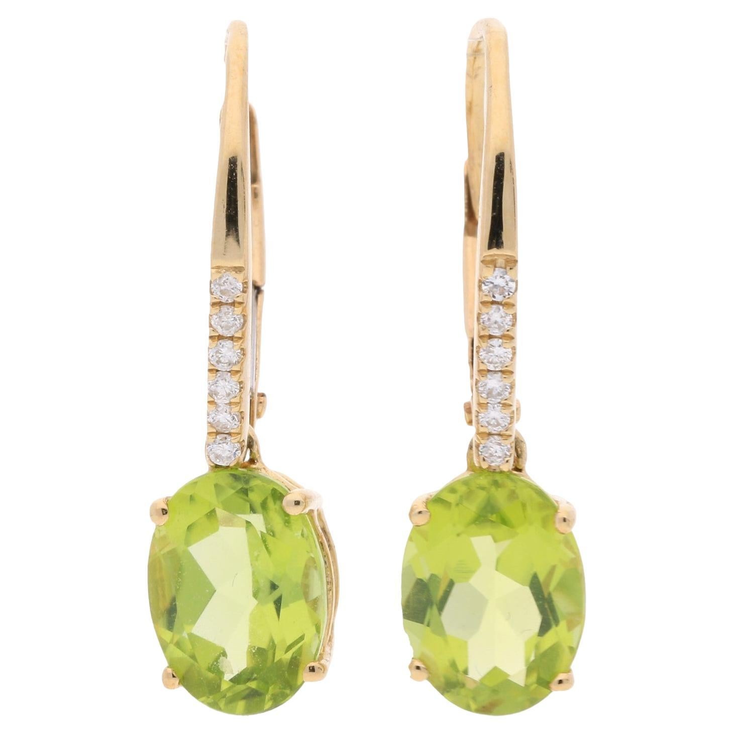 Classic Peridot Oval Cut With Diamond Accents 10K Yellow Gold Earring For Sale