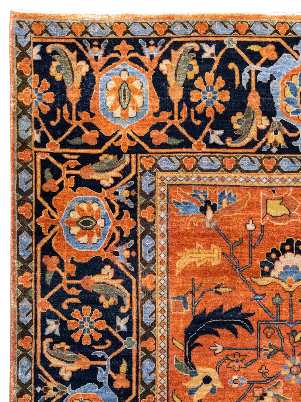 Vegetable Dyed Classic Persian Serapi Carpet in Orange, Indigo, and Blue