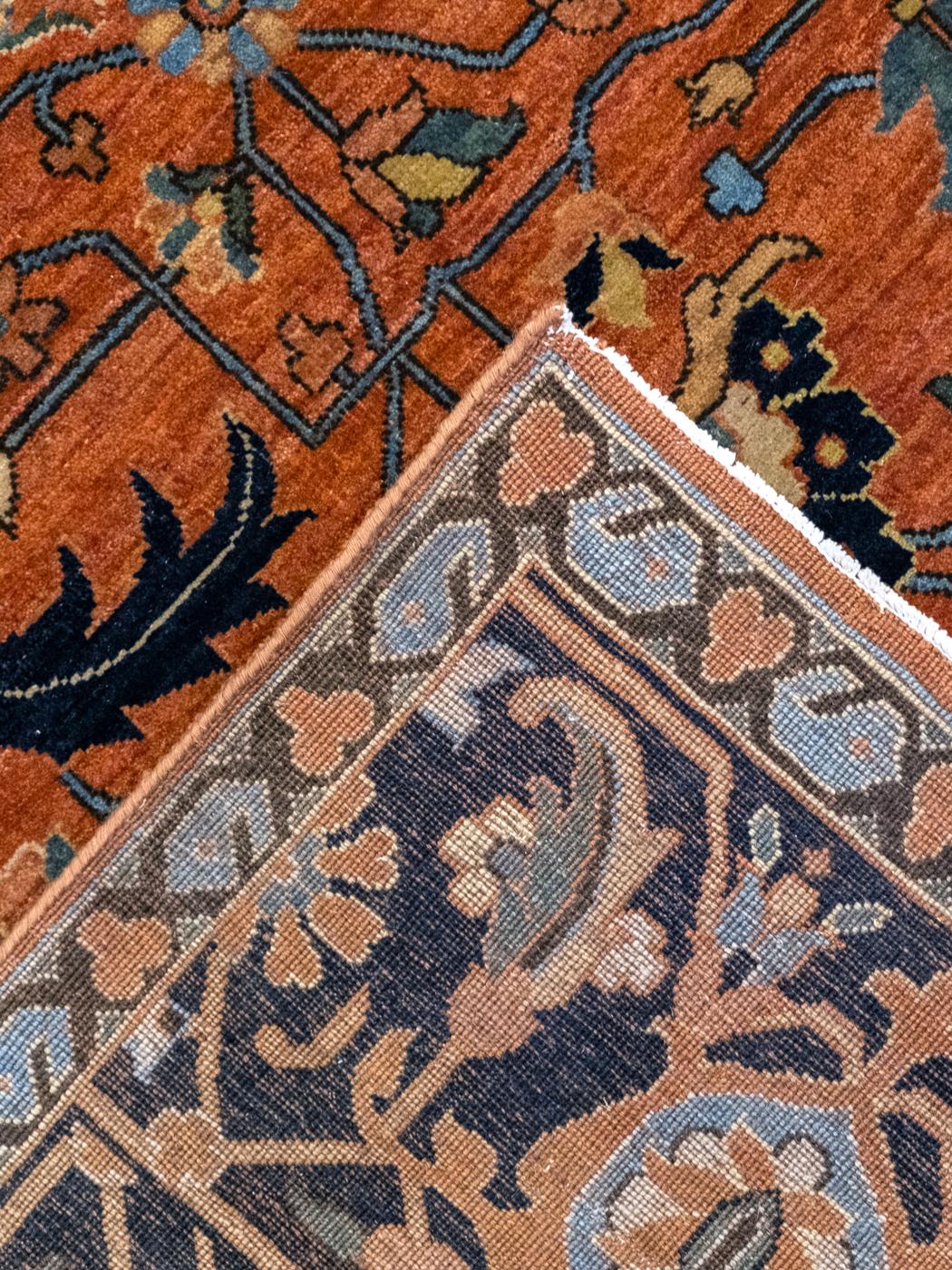 Wool Classic Persian Serapi Carpet in Orange, Indigo, and Blue