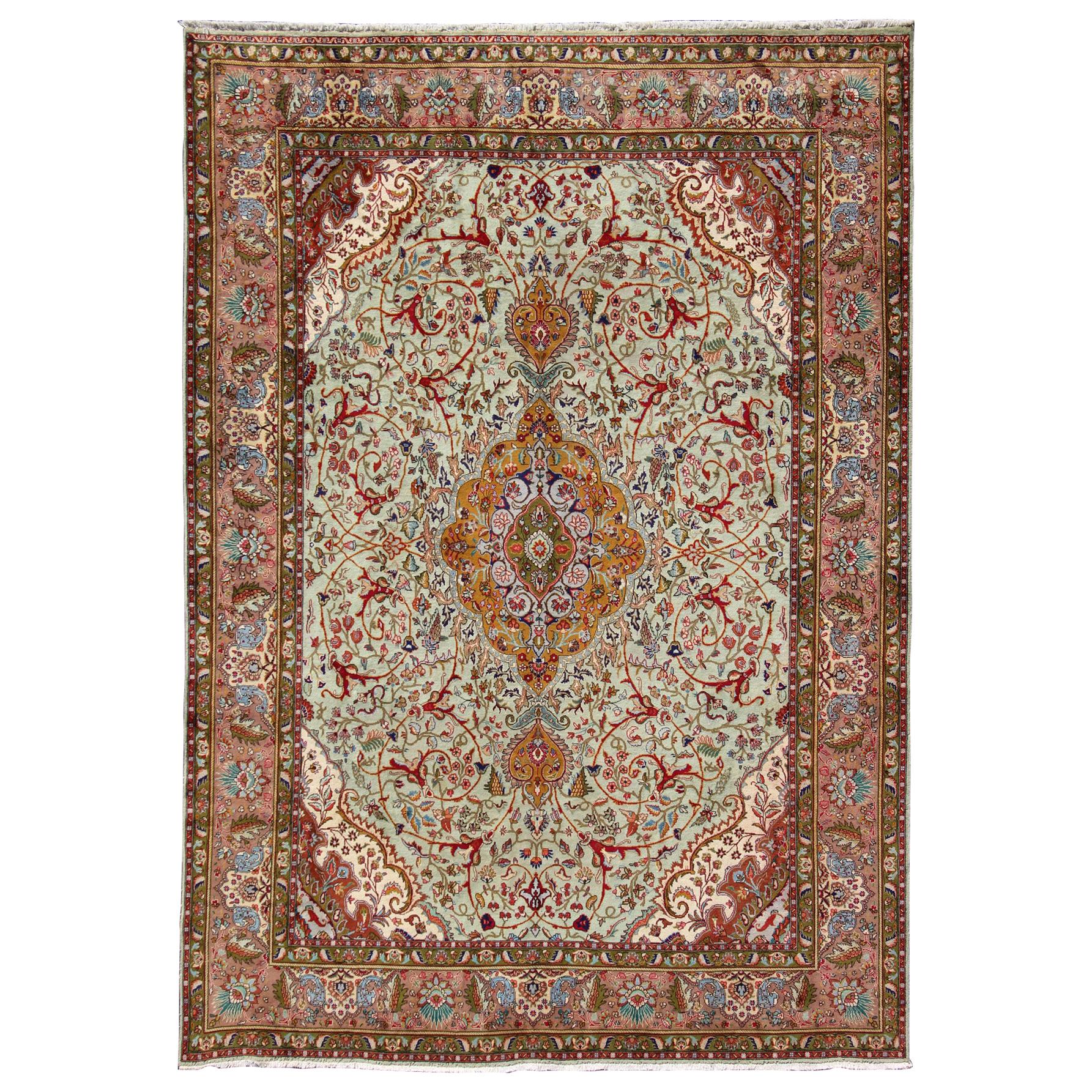 Classic Persian Tabriz Vintage Rug in Celadon Green, Salmon and Multi-Colors