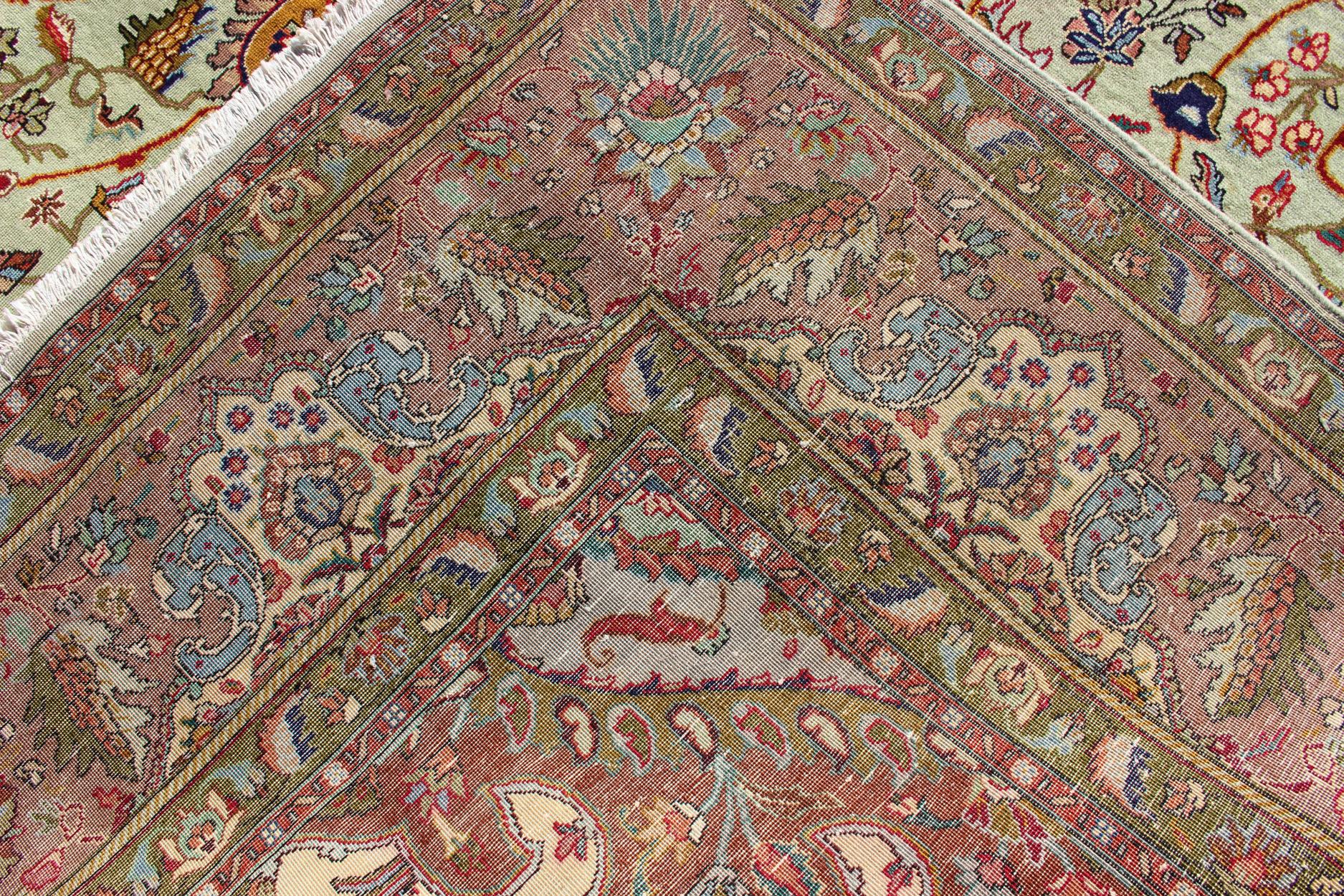 Classic Persian Tabriz Vintage Rug in Celadon Green, Salmon and Multi-Colors For Sale 7