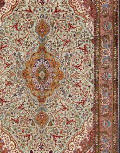 Classic Persian Tabriz Vintage Rug in Celadon Green, Salmon and Multi-Colors