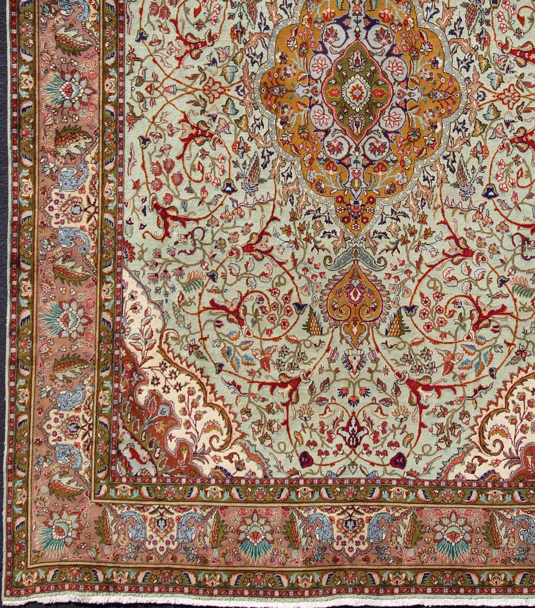 Hand-Knotted Classic Persian Tabriz Vintage Rug in Celadon Green, Salmon and Multi-Colors For Sale
