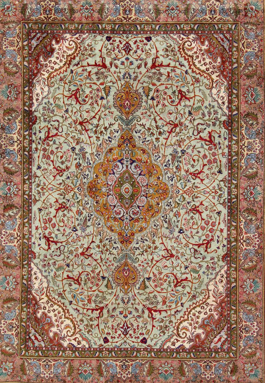 Classic Persian Tabriz Vintage Rug in Celadon Green, Salmon and Multi-Colors In Good Condition For Sale In Atlanta, GA