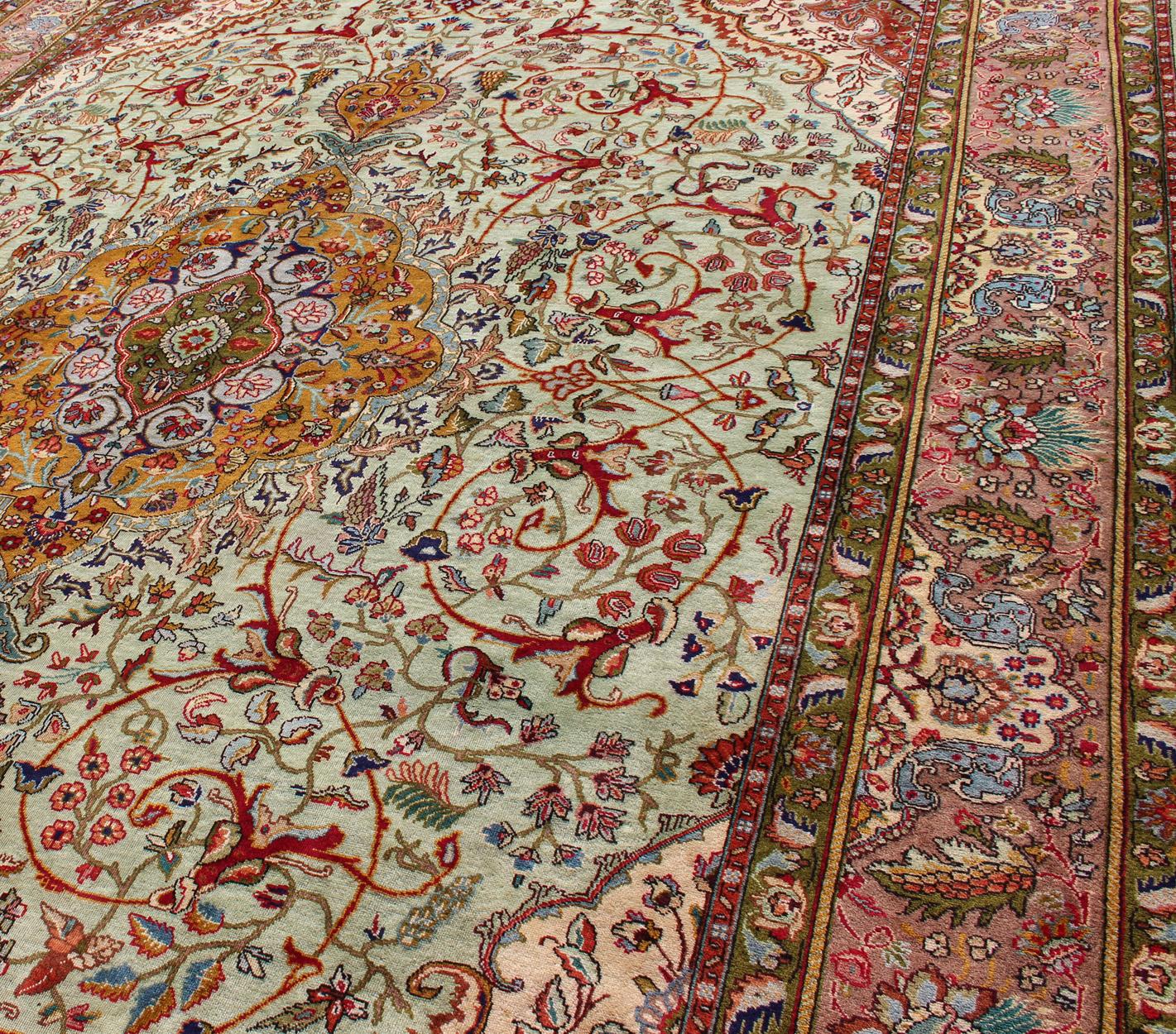 20th Century Classic Persian Tabriz Vintage Rug in Celadon Green, Salmon and Multi-Colors For Sale