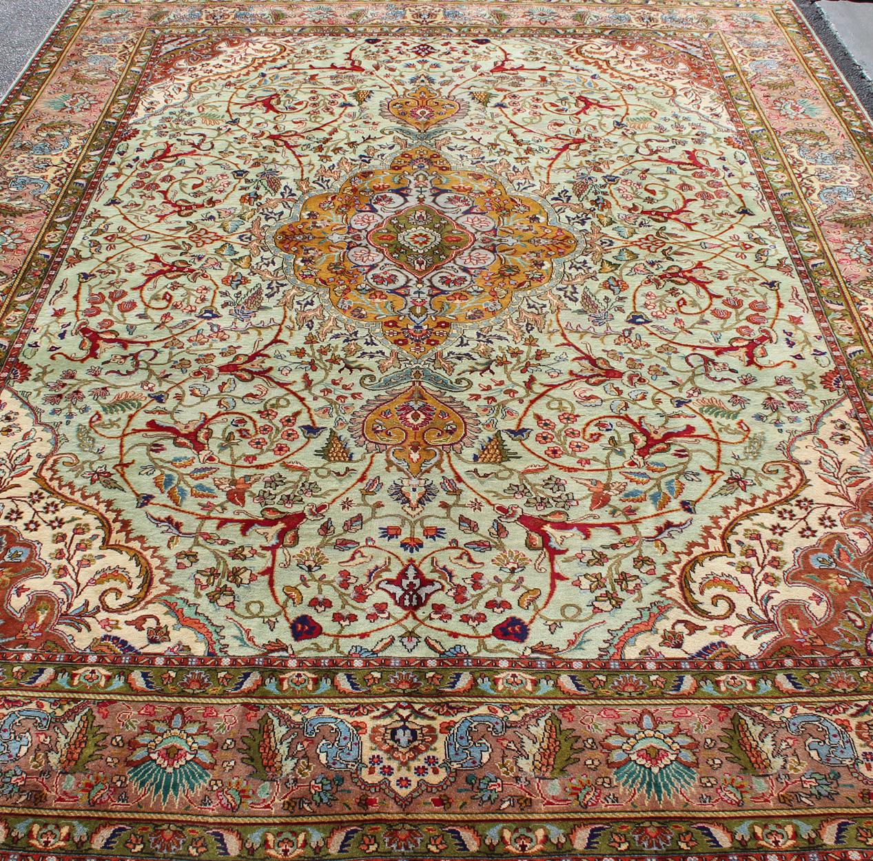 Wool Classic Persian Tabriz Vintage Rug in Celadon Green, Salmon and Multi-Colors For Sale