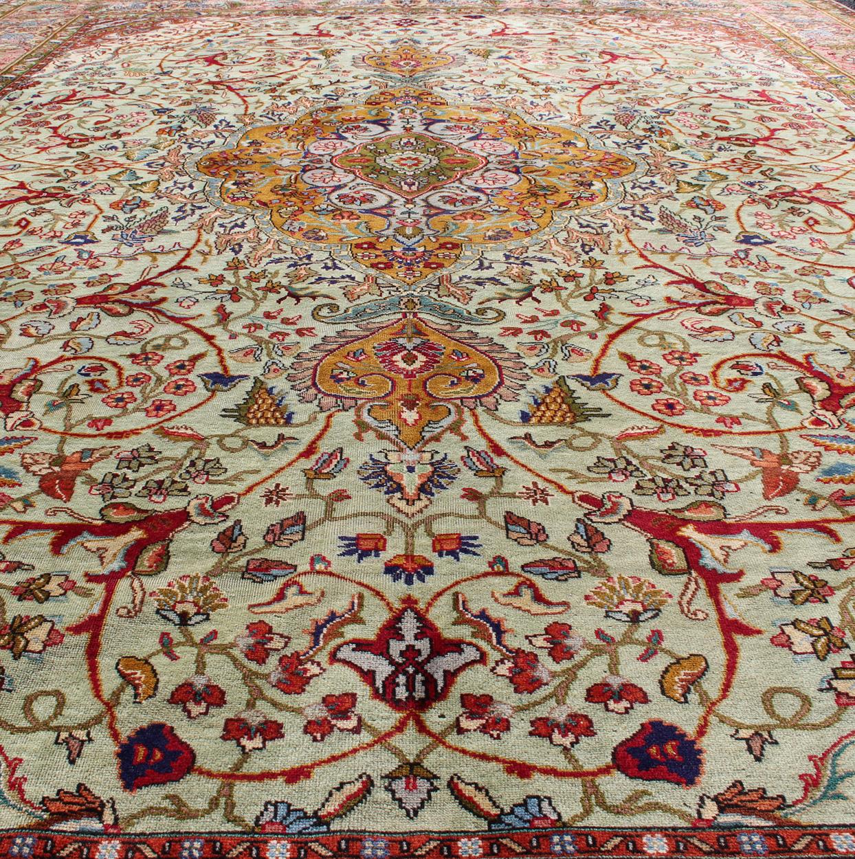 Classic Persian Tabriz Vintage Rug in Celadon Green, Salmon and Multi-Colors For Sale 1