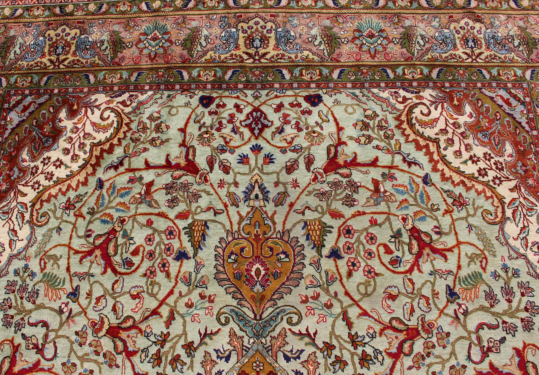 Classic Persian Tabriz Vintage Rug in Celadon Green, Salmon and Multi-Colors For Sale 3