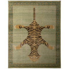 Classic Pictorial Tiger Rug Green Orange Custom Pattern by Rug & Kilim