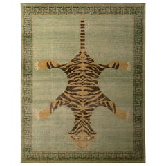 Classic Pictorial Tiger Rug Green Orange Custom Pattern by Rug & Kilim