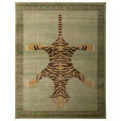 Classic Pictorial Tiger Rug Green Orange Custom Pattern by Rug & Kilim