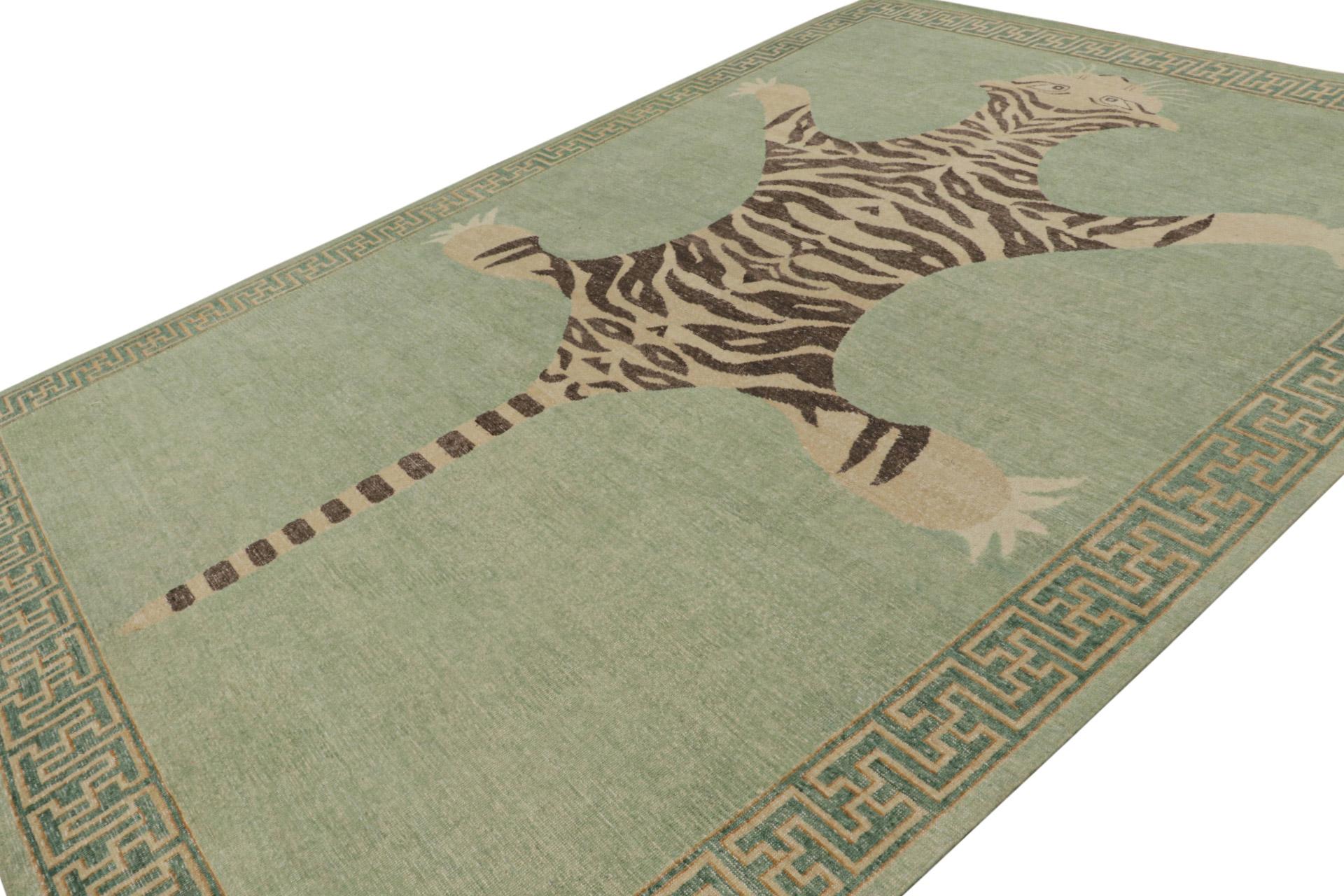 Hand-knotted in wool, this 10x14 modern rug from our Tiger rug line in Homage collection, celebrates one of the most rare and treasured pictorial animal rug styles in history. 

On the Design: 

This geometric pictorial piece joins the latest