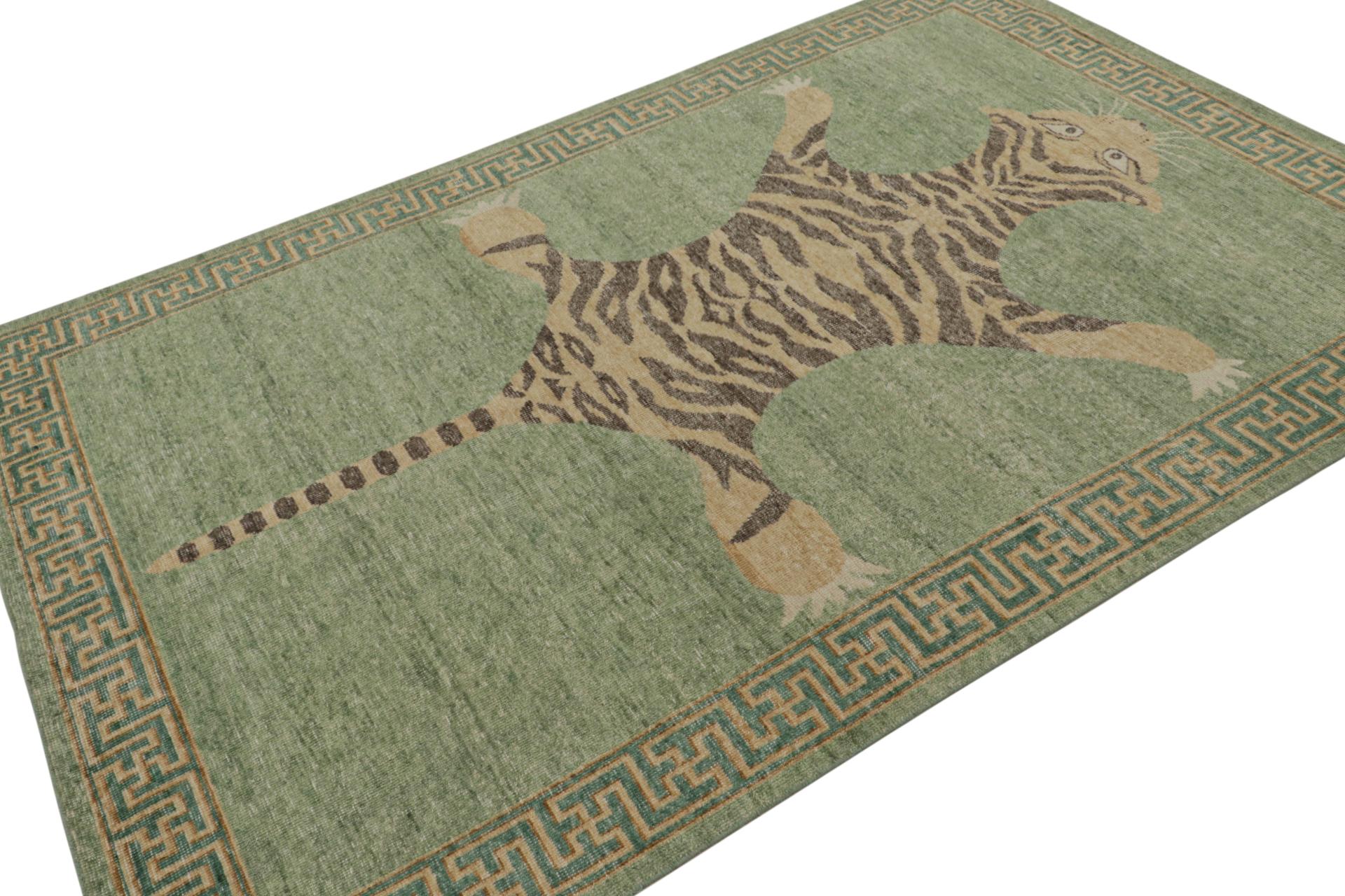 Hand-knotted in wool, this 6x9 modern rug from our Tiger rug line in Homage collection, celebrates one of the most rare and treasured pictorial animal rug styles in history. 

On the Design: 

This geometric pictorial piece joins the latest