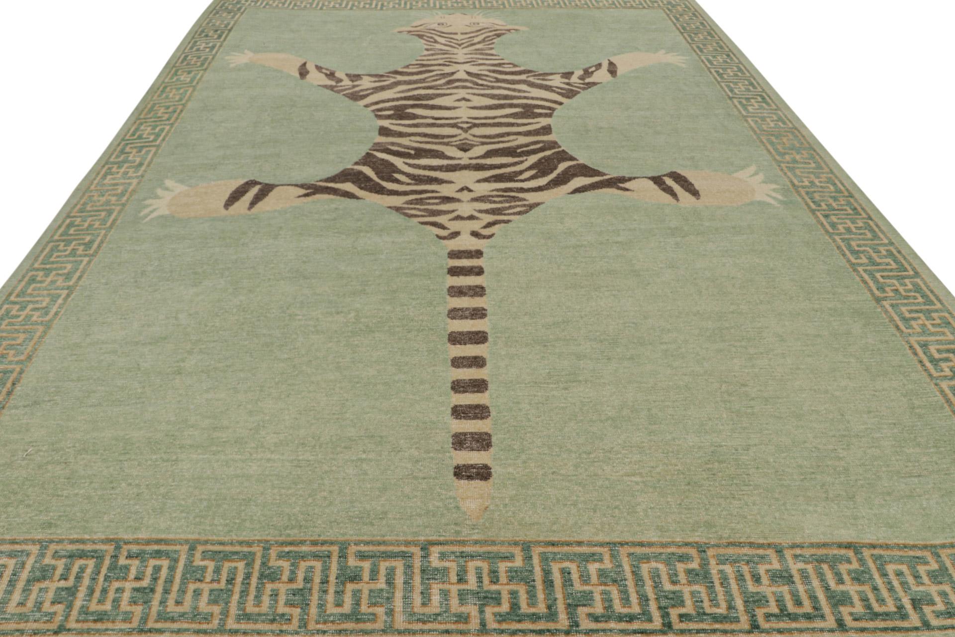 Modern Classic Pictorial Tiger Rug in Green and Brown Custom Pattern By Rug & Kilim For Sale