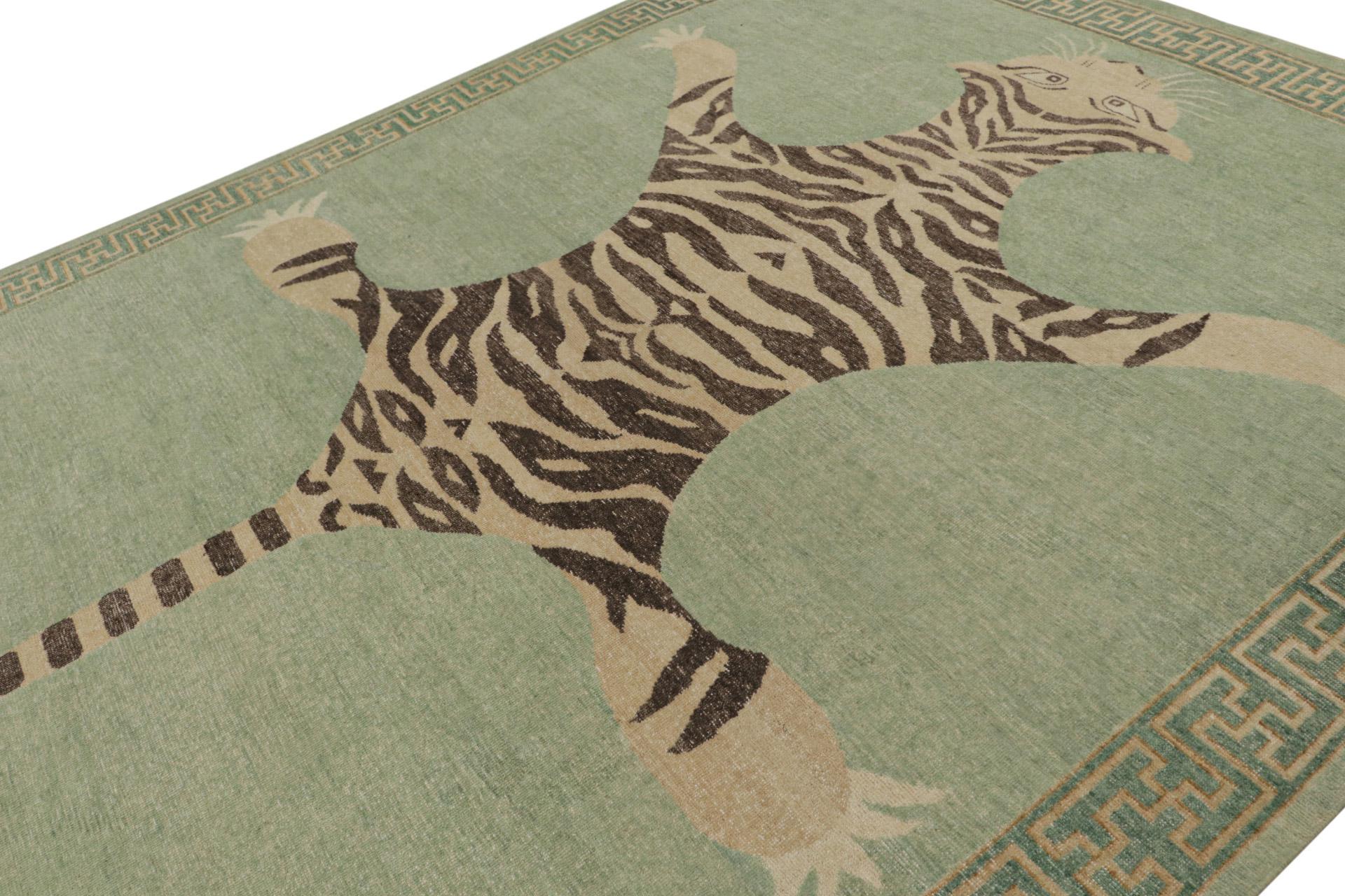Indian Classic Pictorial Tiger Rug in Green and Brown Custom Pattern By Rug & Kilim For Sale