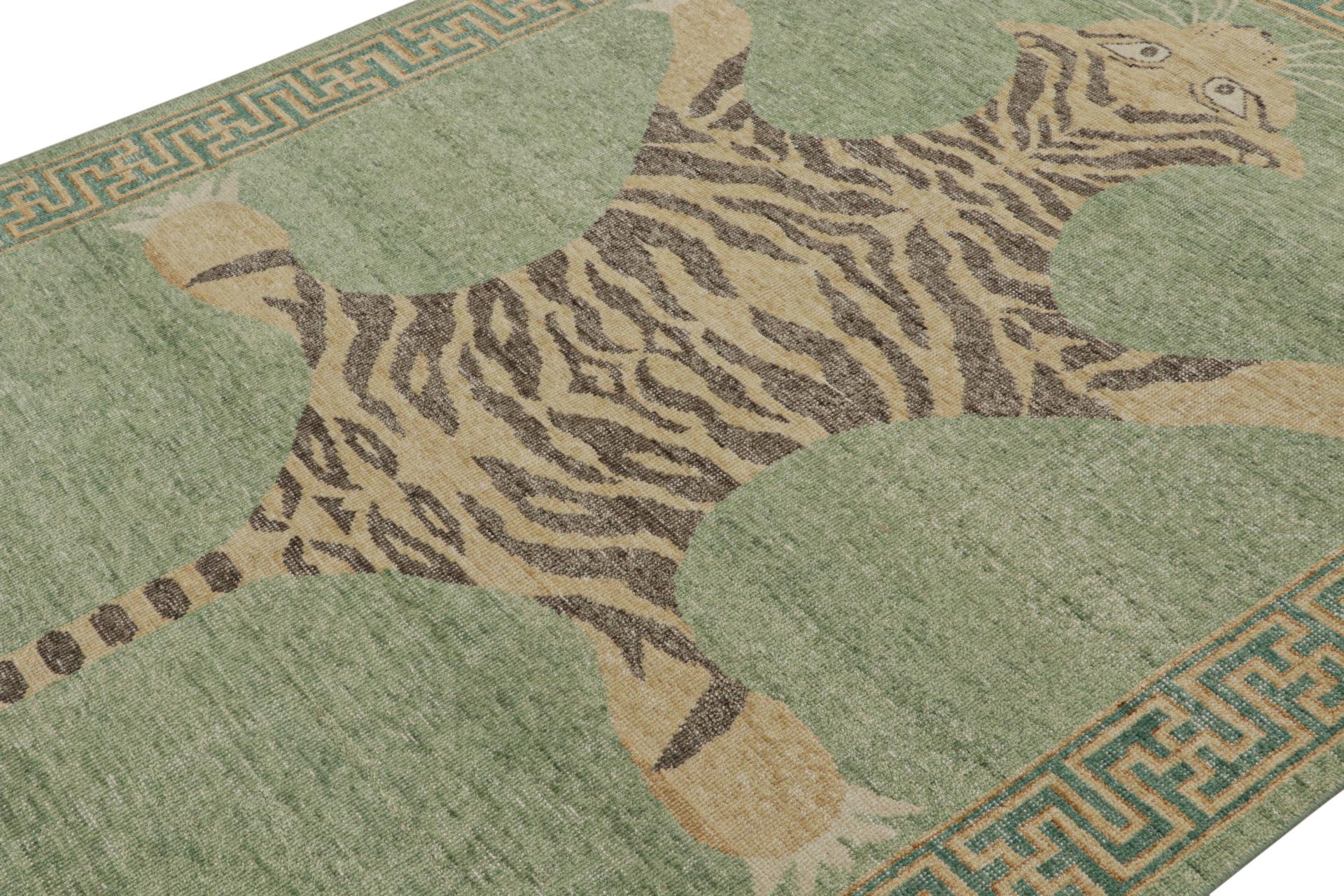 Hand-Knotted Classic Pictorial Tiger Rug in Green and Brown Custom Pattern By Rug & Kilim For Sale