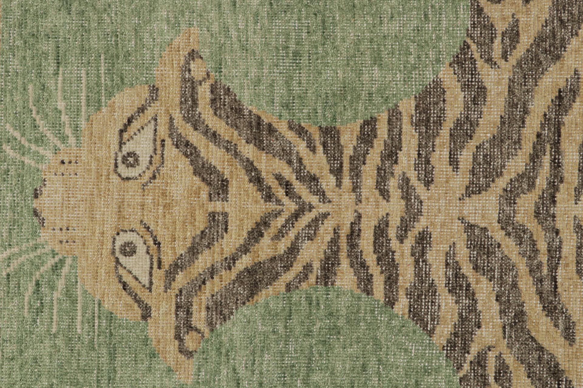 Contemporary Classic Pictorial Tiger Rug in Green and Brown Custom Pattern By Rug & Kilim For Sale