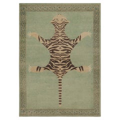 Tapis Classic Pictorial Tiger in Green and Brown Custom Pattern By Rug & Kilim
