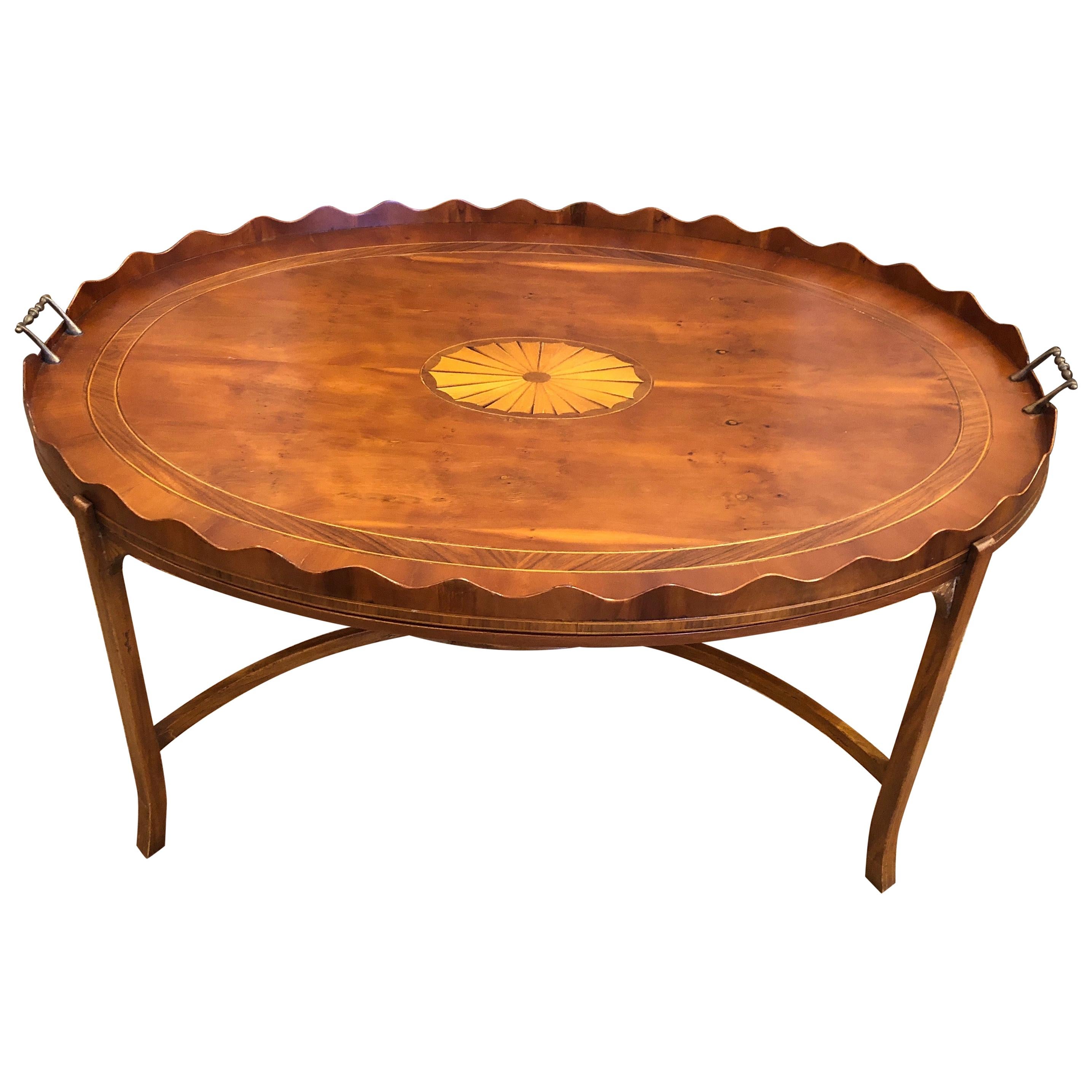 Classic Pie Crust Oval Mahogany Inlay Tray Top Coffee Table