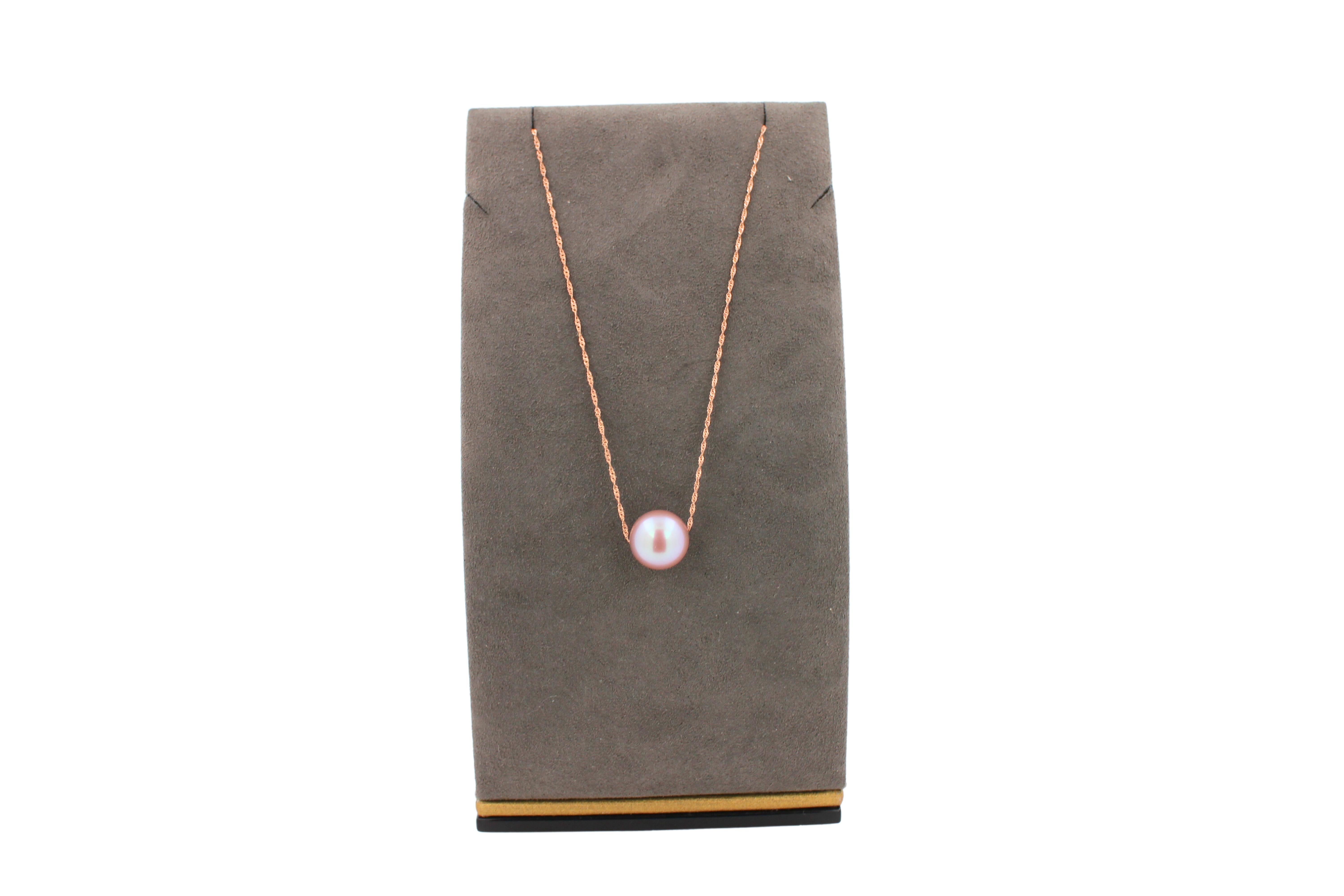 Mixed Cut Classic Pink Rose Pearl 14 Karat Rose Gold Dainty Chain Pendant Charm Necklace For Sale