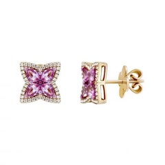 Classic Pink Sapphire  Diamond 18K Yellow Gold Earrings for Her