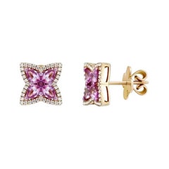 Zafiro rosa clásico Pendientes de diamantes de oro amarillo de 18 quilates para ella