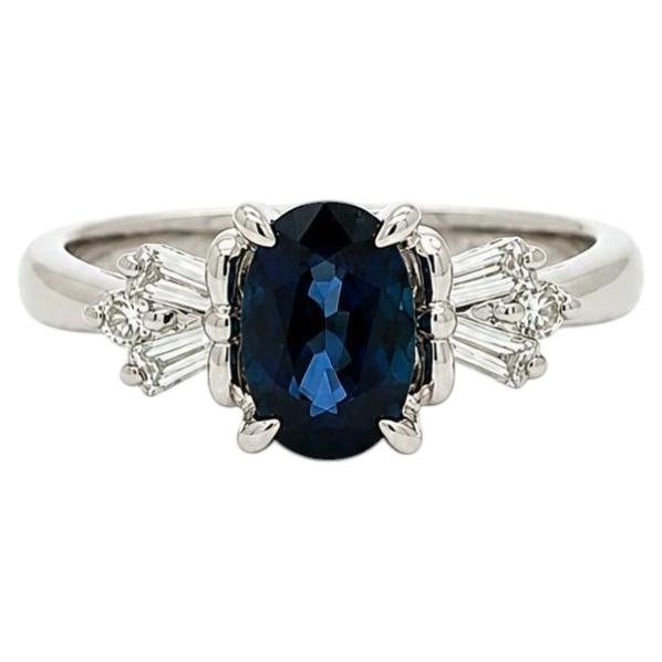 Classic Platinum 1.4ctw Oval Sapphire w/ Baguette & Round Diamond Shoulders Ring For Sale