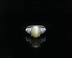 Classic Platinum 4.28ctw Cabochon Cat's Eye w/ Long Baguette Diamond Sides Ring