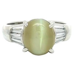 Classic Platinum 4.28ctw Cabochon Cat's Eye w/ Long Baguette Diamond Sides Ring