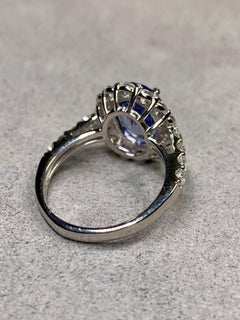 Klassischer Cocktailring aus Platin mit ovalem Saphir in Kornblumenblau und Diamant-Halo, 3,62 ct