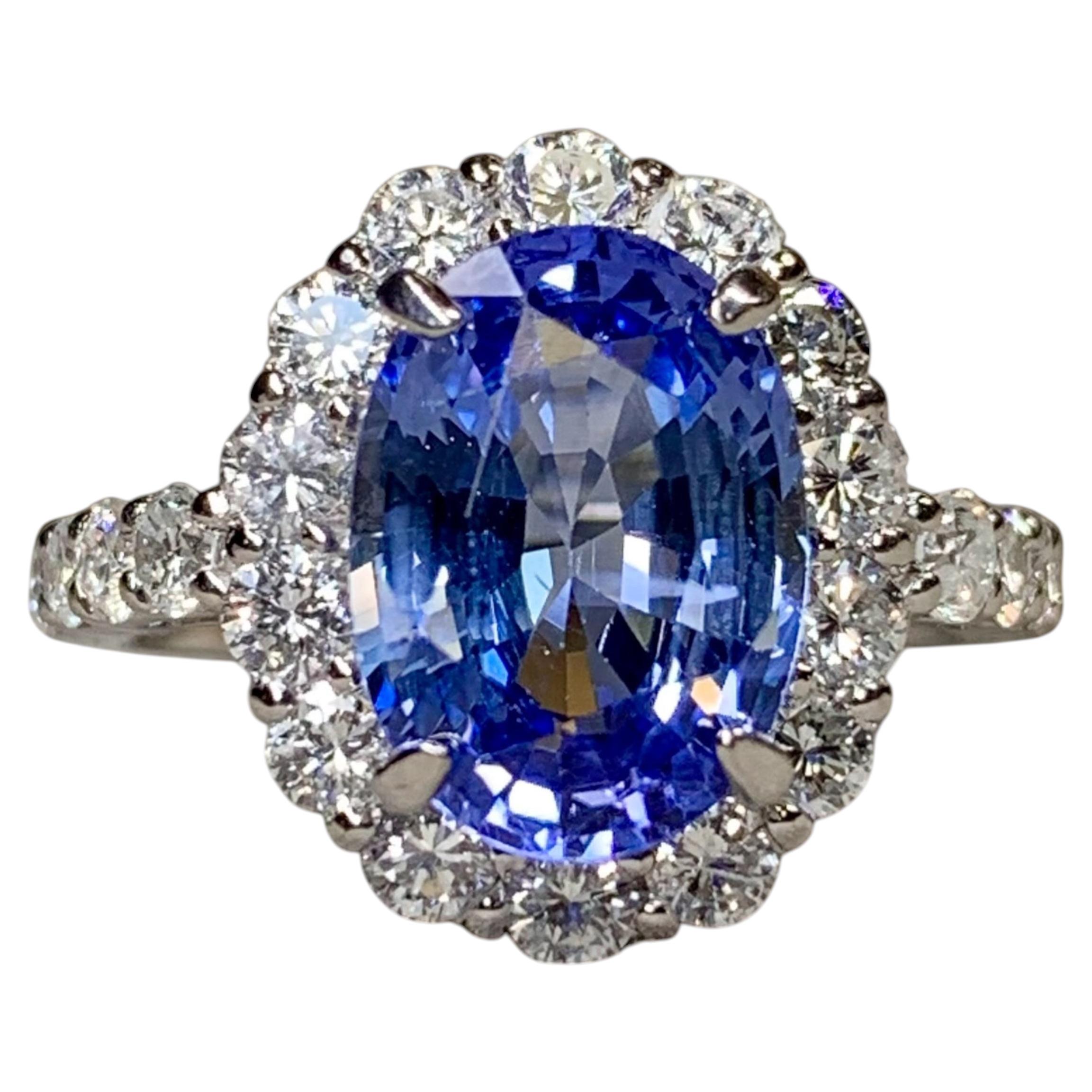 Klassischer Cocktailring aus Platin mit ovalem Saphir in Kornblumenblau und Diamant-Halo, 3,62 ct