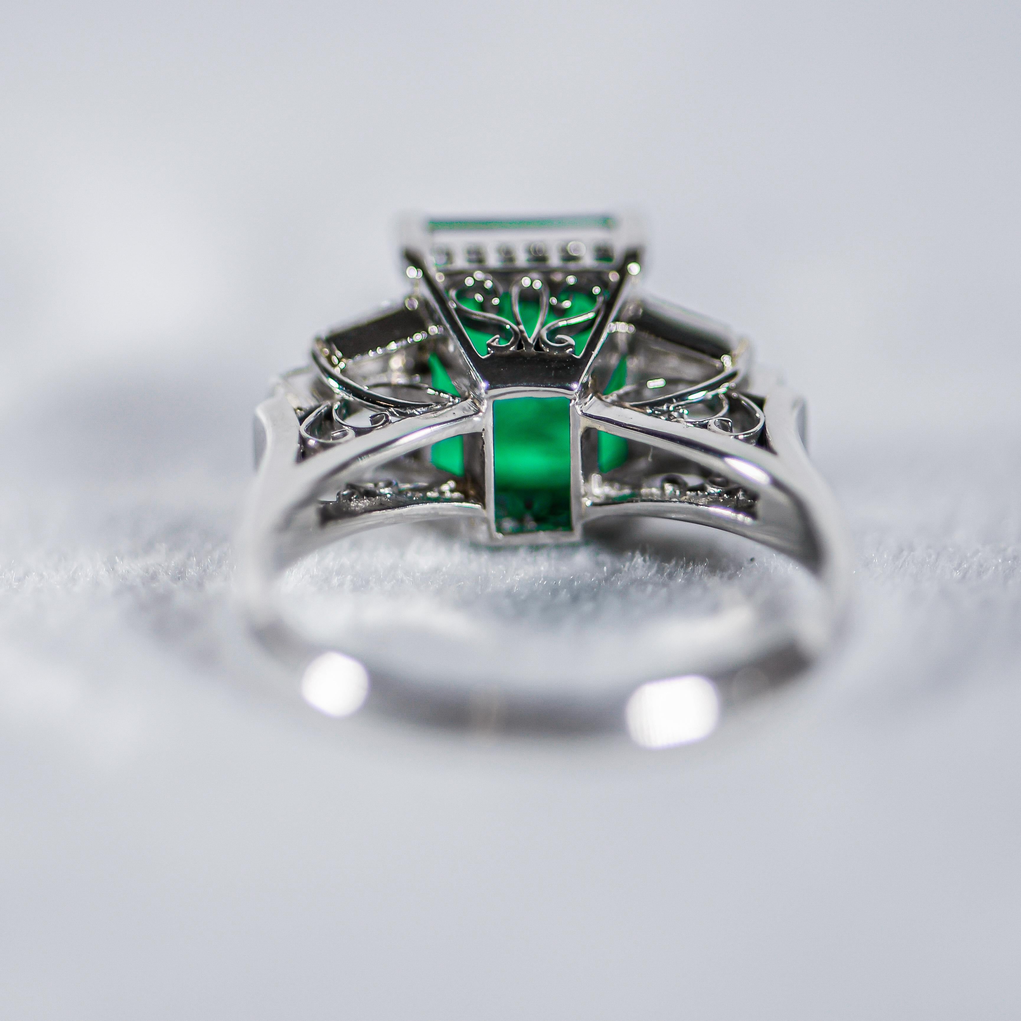 Classic Platinum Emerald Cut Emerald with Diamond Accents Ring GWLab Certified In Good Condition For Sale In Palm Beach, FL