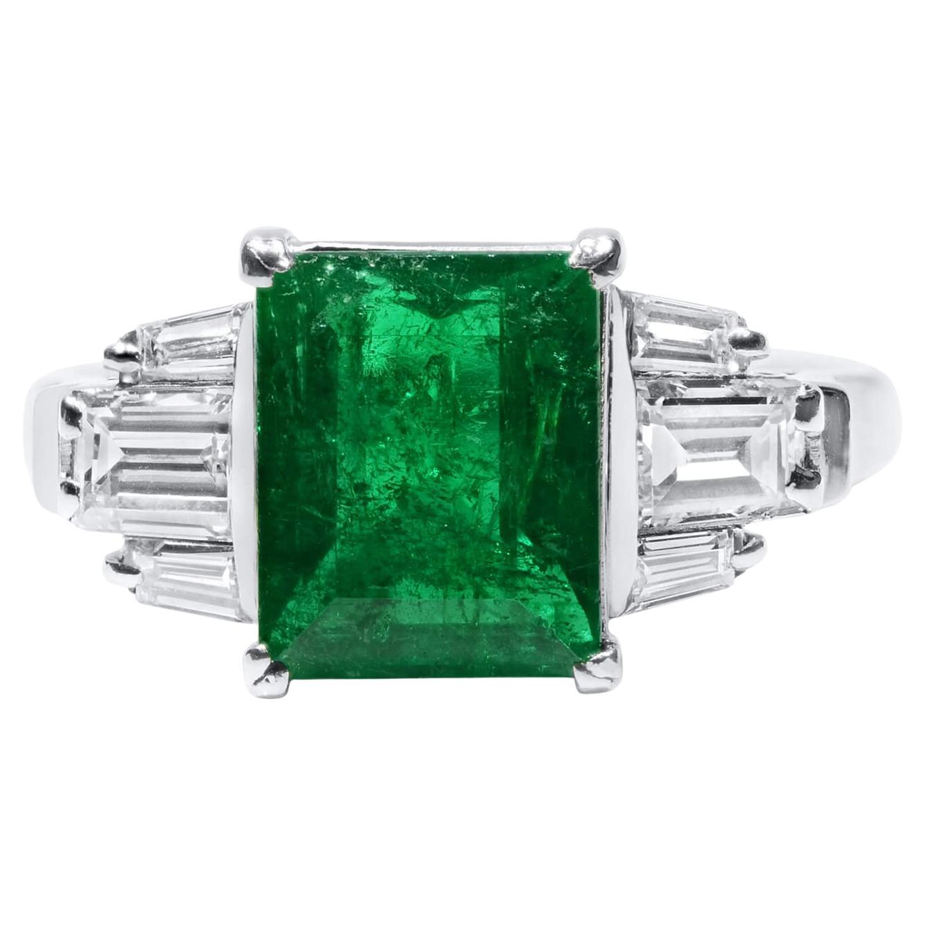 Classic Platinum Emerald Cut Emerald with Diamond Accents Ring GWLab Certified For Sale
