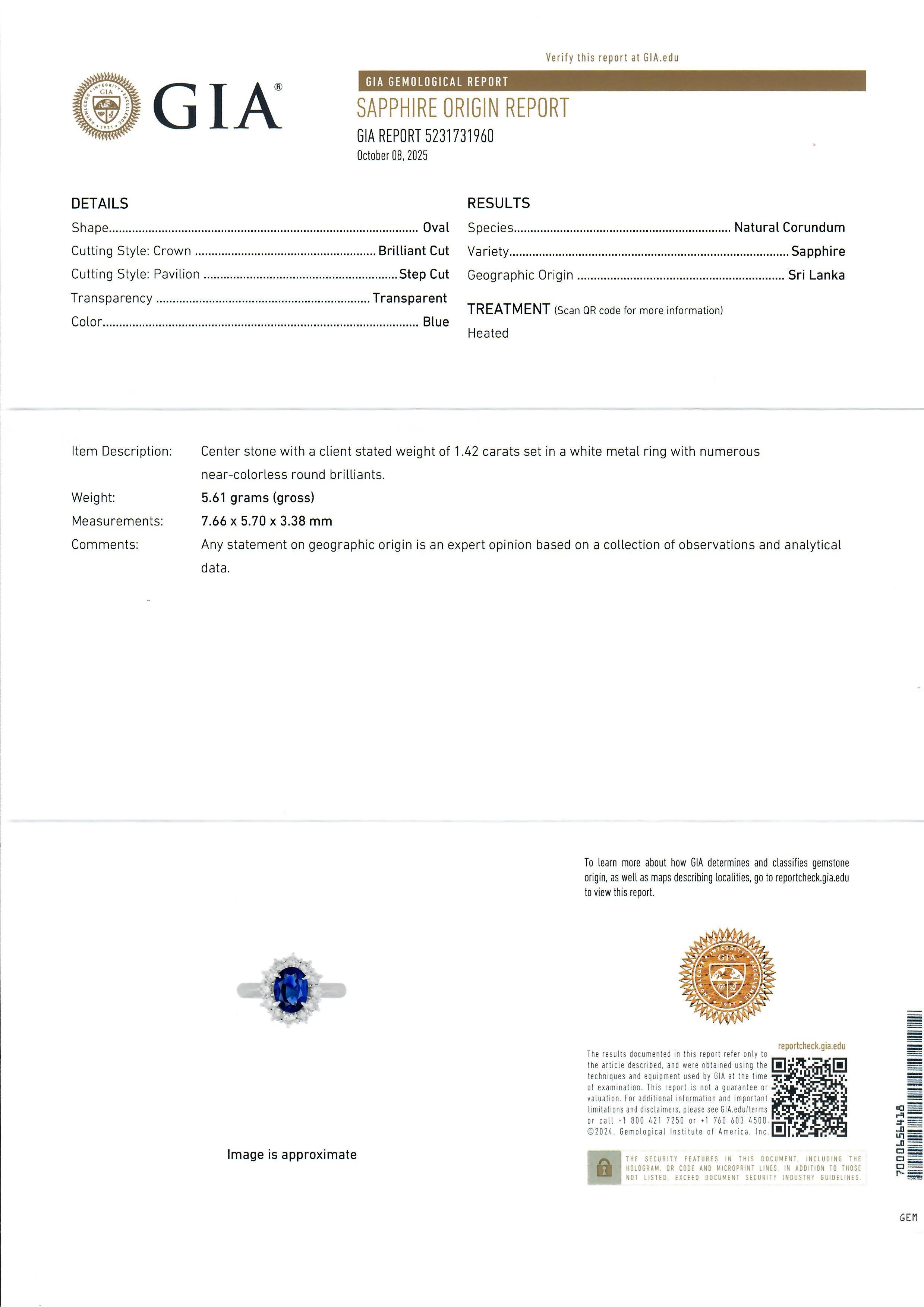 Anello classico in platino GIA con zaffiro ovale blu reale di Ceylon da 1,92 carati e diamante aureolato in vendita 7