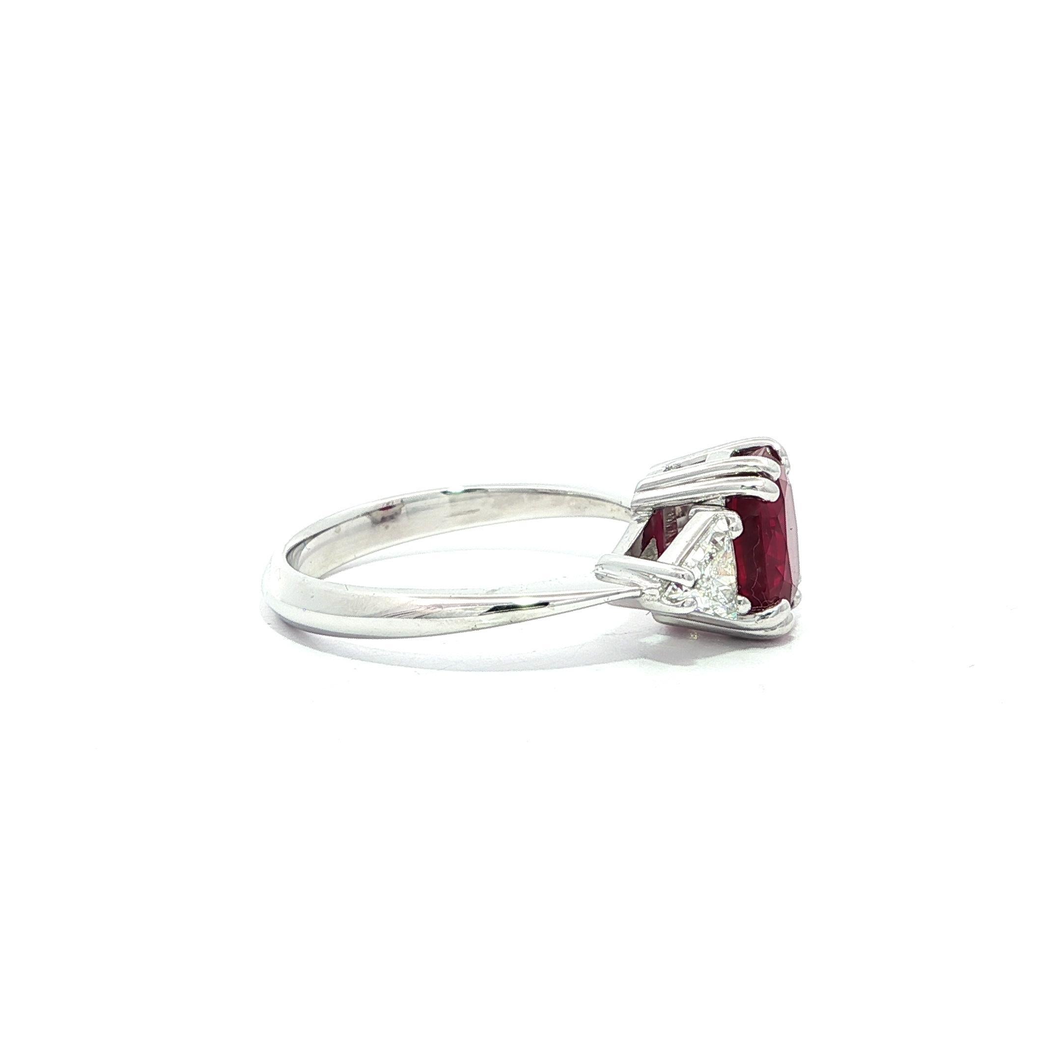 Classic Platinum GIA 2.56ctw Vivid Red Burma Ruby w/ Trillion Diamond Sides Ring In Excellent Condition For Sale In Montclair, NJ