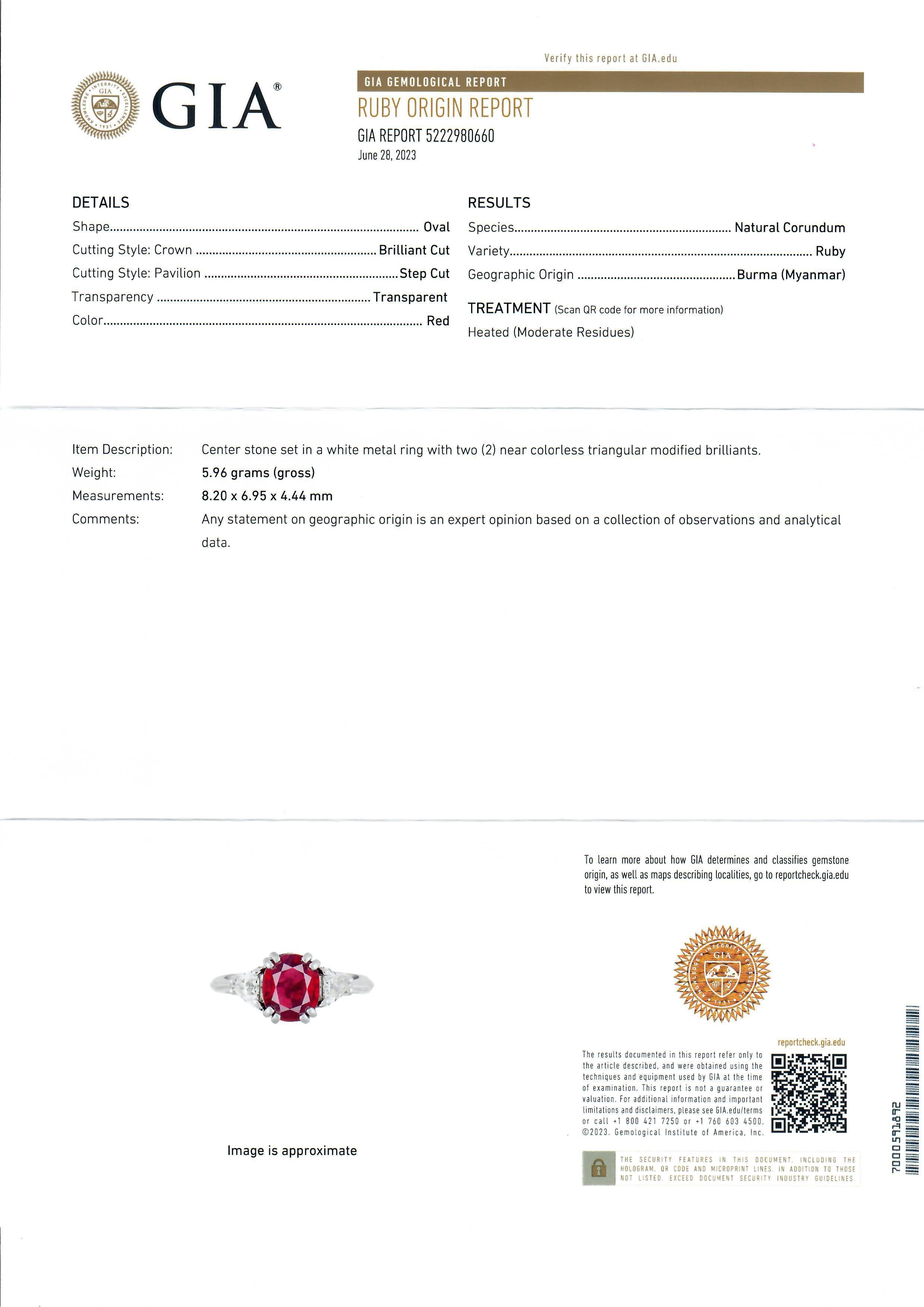Classic Platinum GIA 2.56ctw Vivid Red Burma Ruby w/ Trillion Diamond Sides Ring For Sale 3