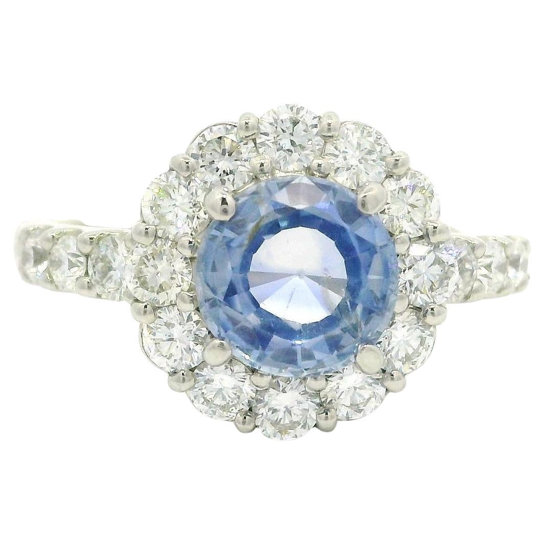 Classic Platinum GIA 2.66ctw No Heat Round Sapphire w/ Diamond Modern Halo Ring