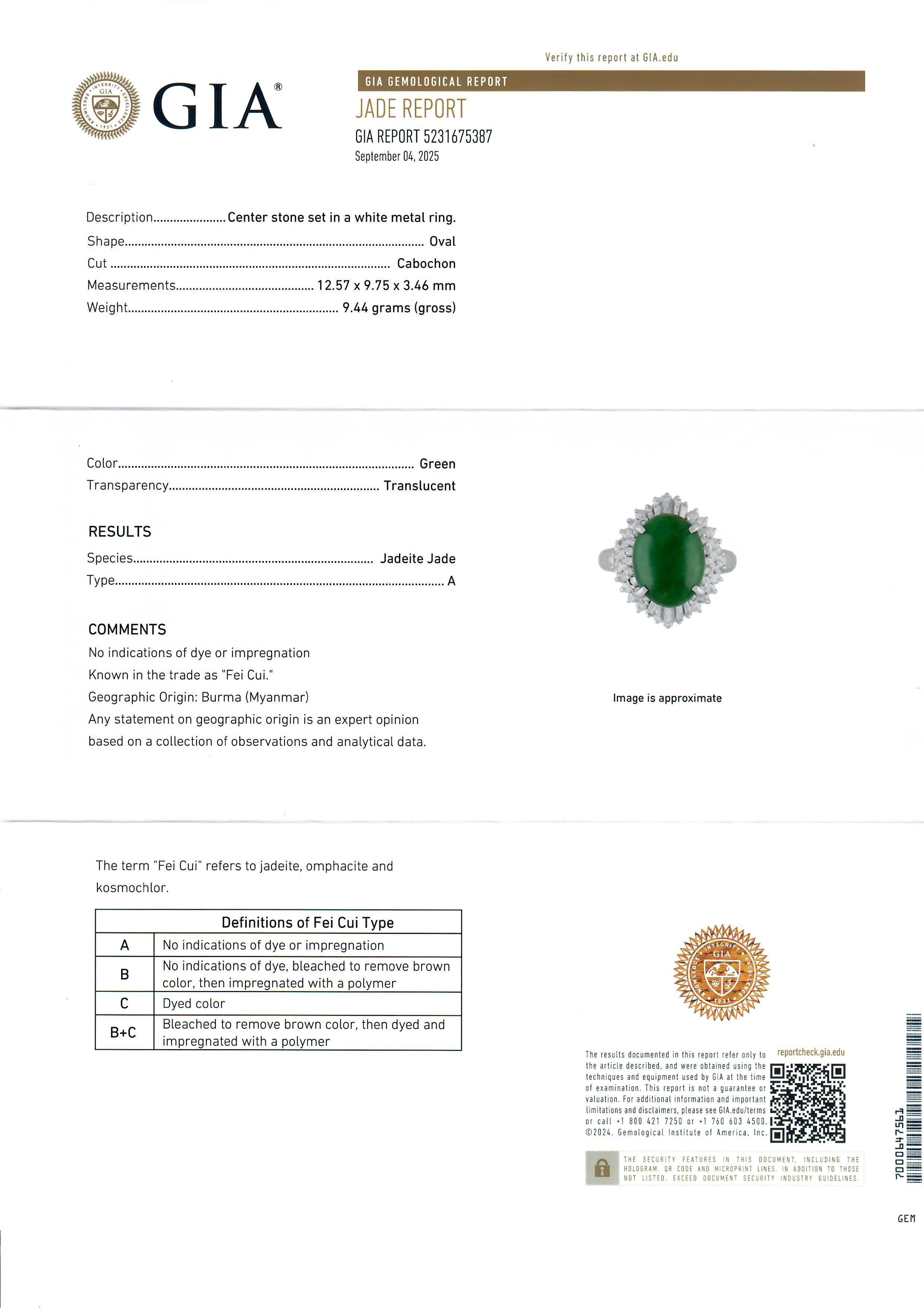 Anello classico in platino GIA 4,23ctw Burma Spinach Green A con giada e diamanti in vendita 5