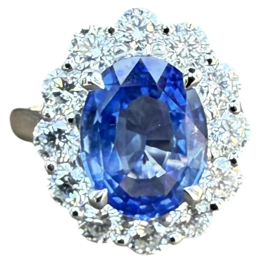 Klassische Platin GIA 4,34ctw keine Hitze Ceylon Oval Saphir F VS Diamant Halo Ring