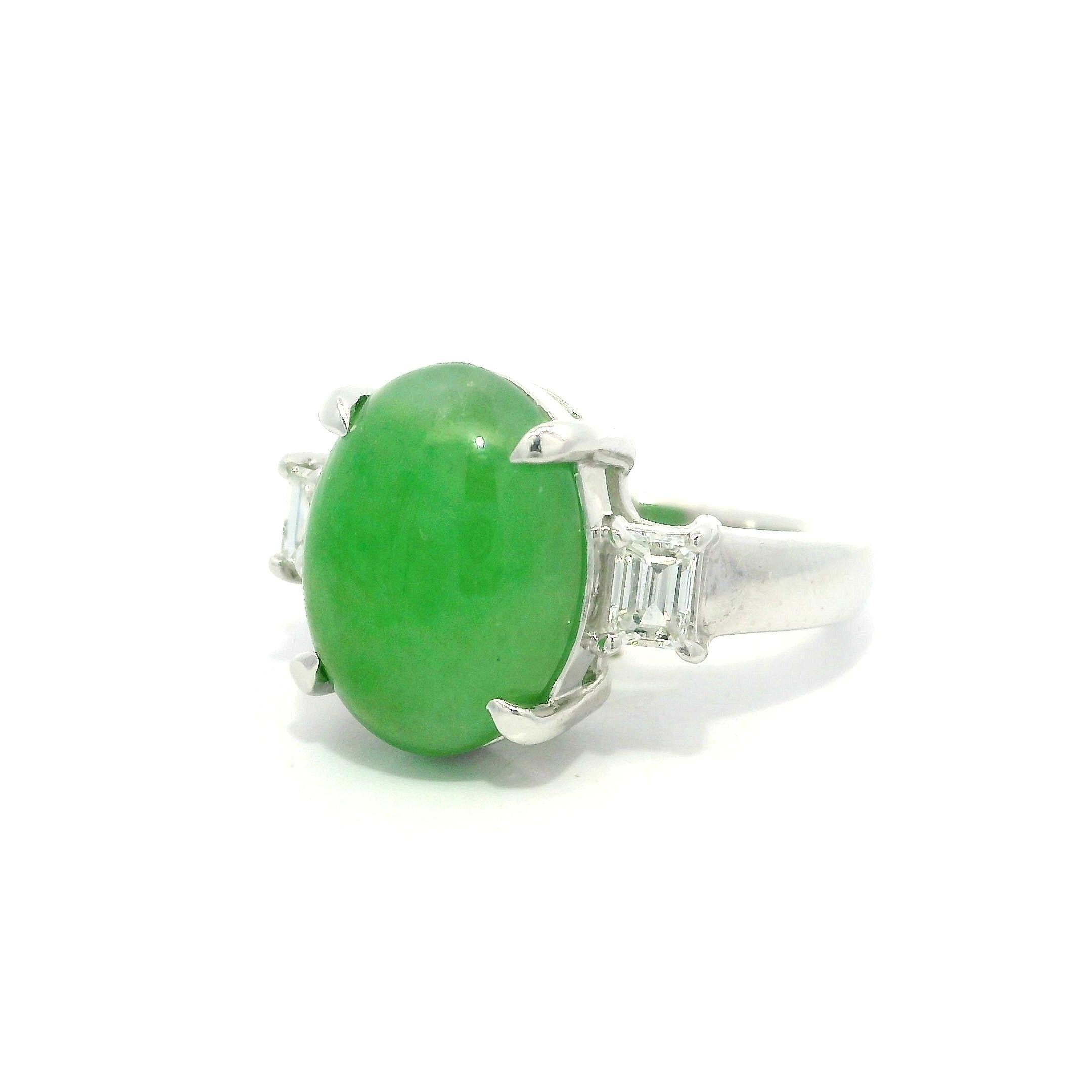Classic Platinum GIA 6.28ctw Oval Cabochon A Jade w/ Diamond Sides Ring For Sale 6
