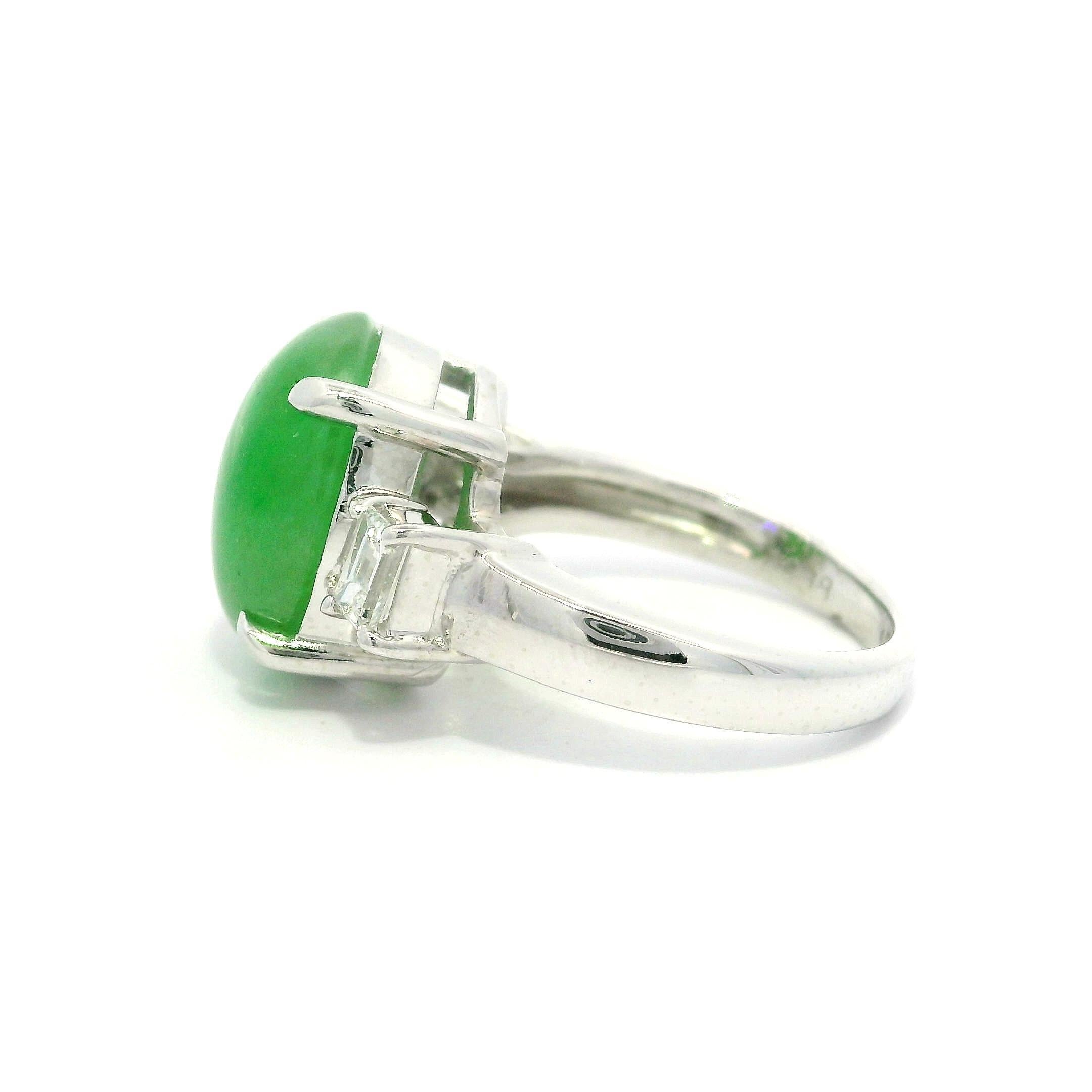 Classic Platinum GIA 6.28ctw Oval Cabochon A Jade w/ Diamond Sides Ring For Sale 7